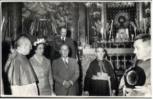 The aging Spanish dictator at the Church of La Virgen del Pilar in Zaragoza, with his wife and Archbishop Morcillo.