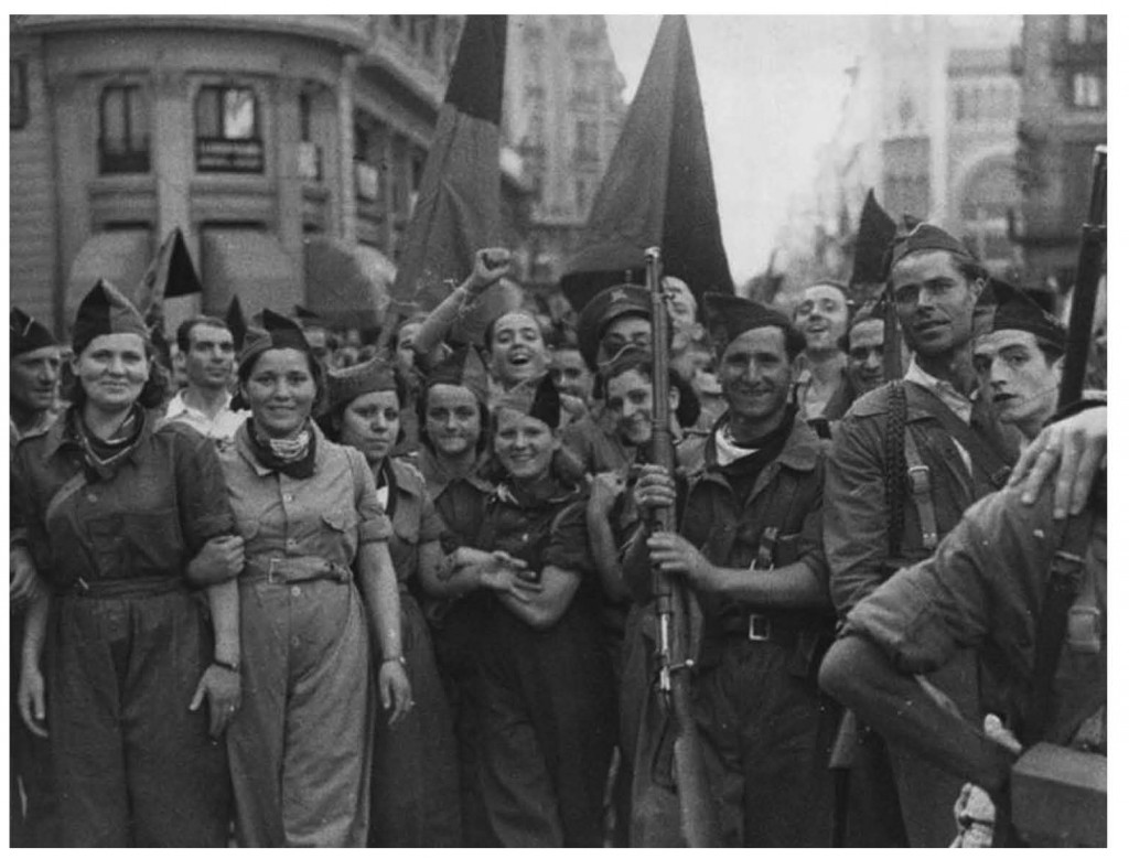 Anarchists march on the streets of Barcelona during the Spanish Civil War.