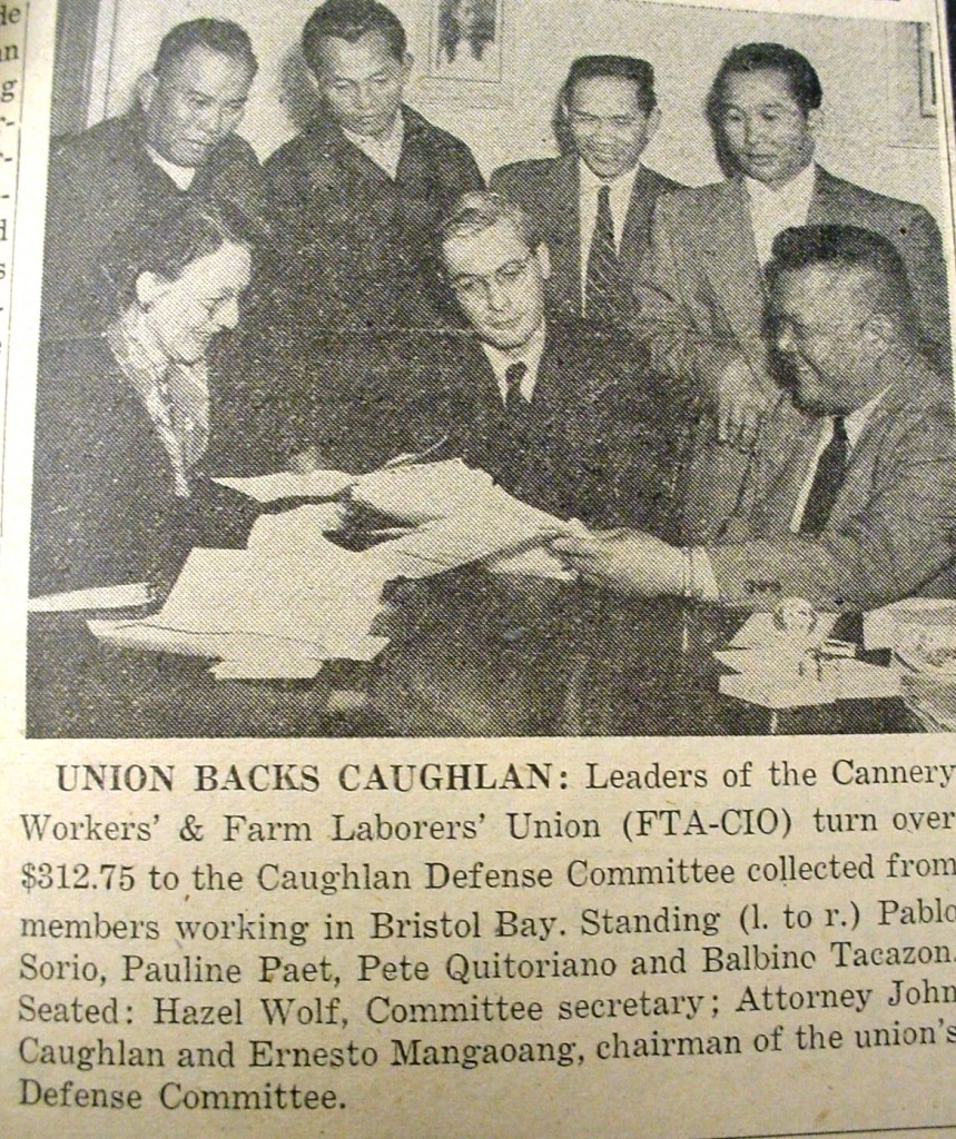 Cannery Worker's Union leaders contribute to the Caughlan Defense fund after the attorney was indicted for perjury in a blatant attempt to shut down the legal wing of the CRC and the Communist movement. (New World August 9, 1948). Courtesy of UW Seattle.