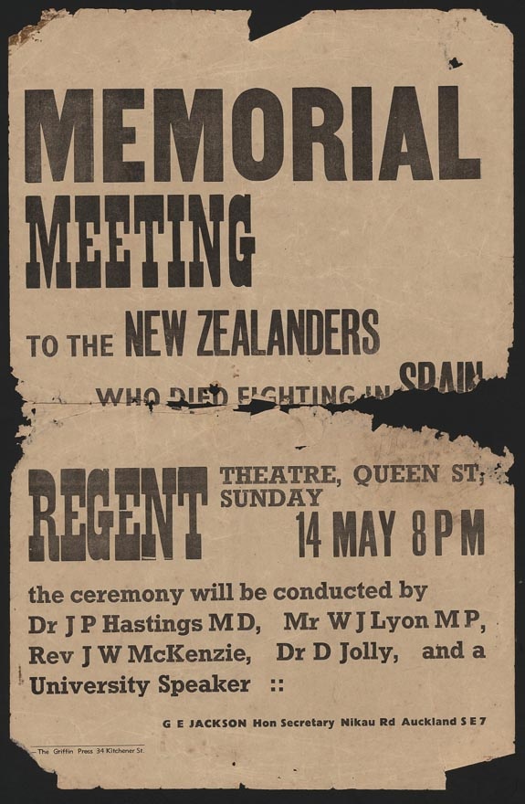 Poster advertising a memorial meeting to the New Zealanders who died fighting in Spanish Civil War (Auckland, May 1939).
